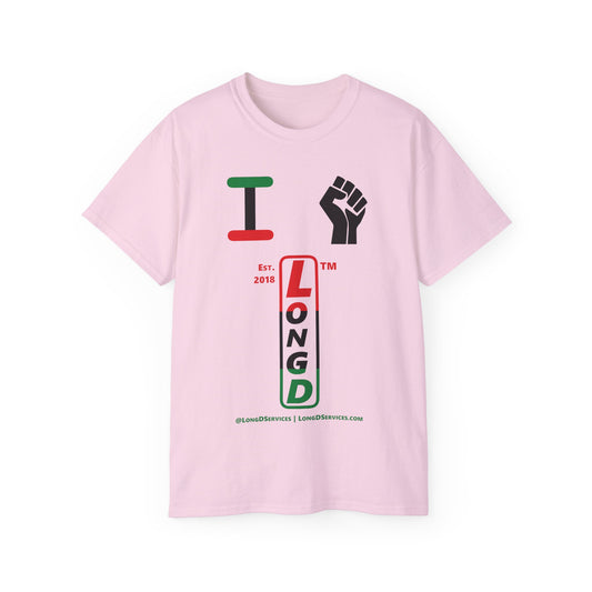 I fist LongD Cotton Tee positive horizontal striped tag-domain upright logo (Juneteenth colors)