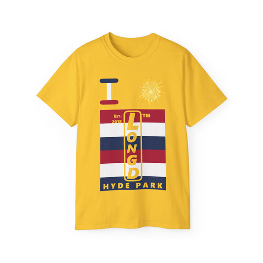 I Burst LongD cotton tee negative horizontal 6-striped Hyde Park upright logo (Patriotic colors)