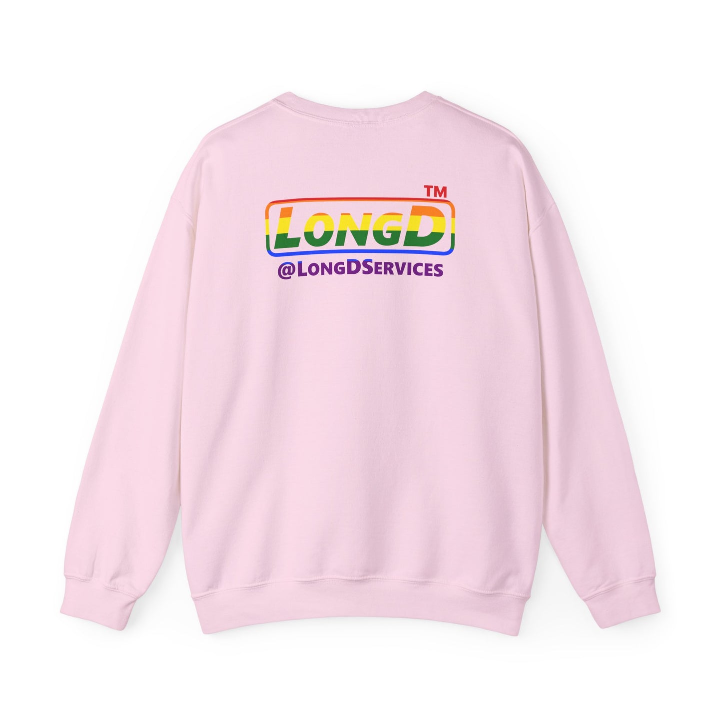 I Luv LongD positive horizontal striped front-back Hyde Park logo crewneck sweatshirt (Pride colors)