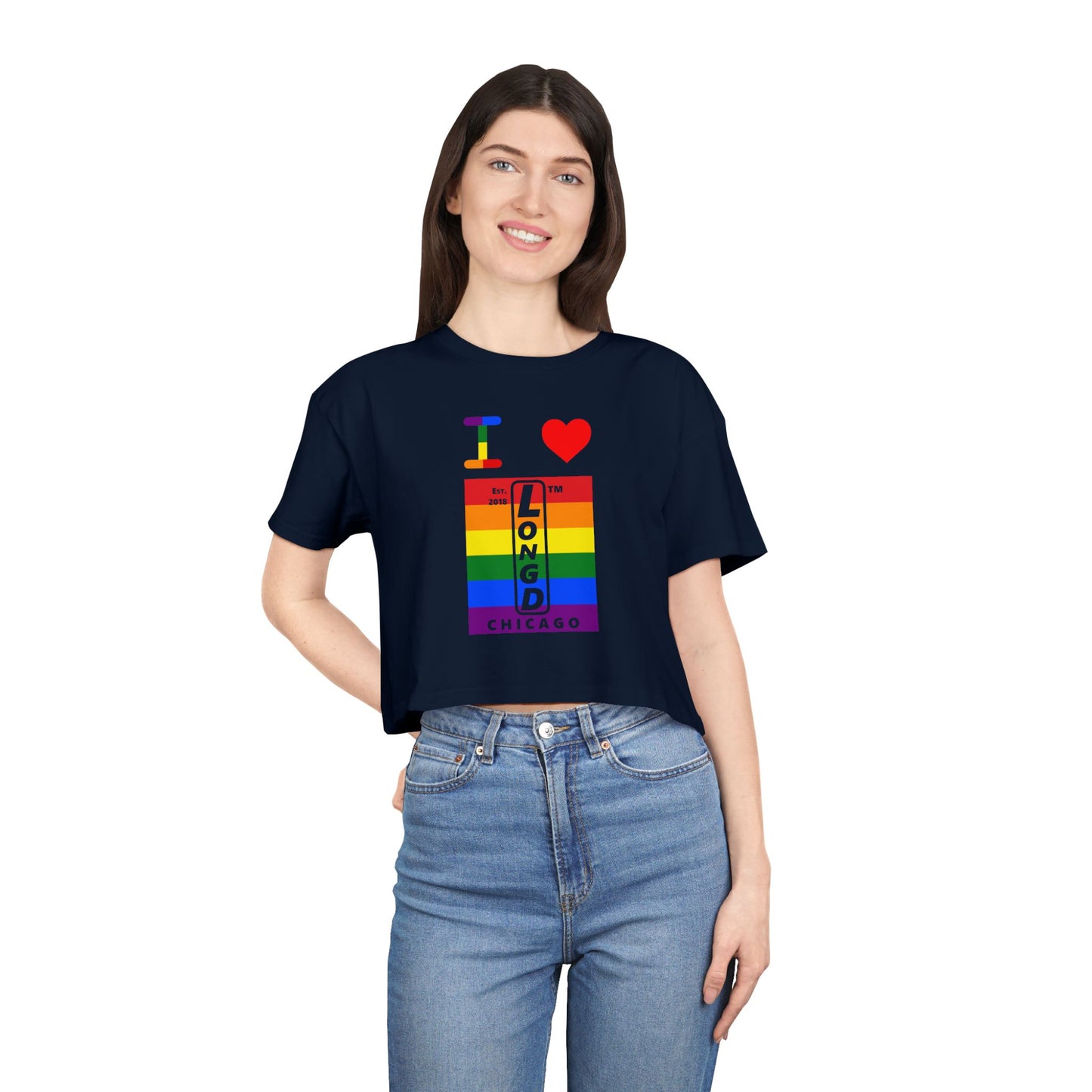 I Luv LongD Mixed horizontal 6-striped upright front-back Chicago logo crop tee (Pride colors)