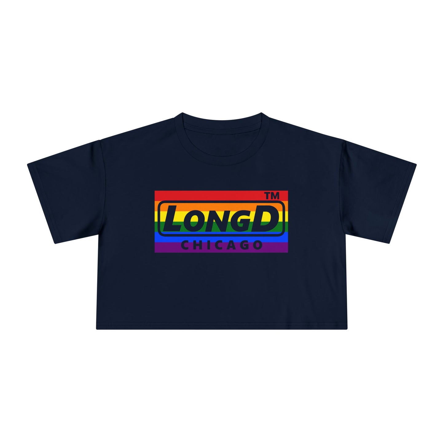 LongD negative horizontal 6-striped Chicago logo crop tee (Pride colors)