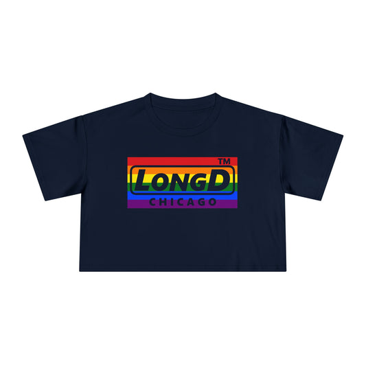 LongD negative horizontal 6-striped Chicago logo crop tee (Pride colors)