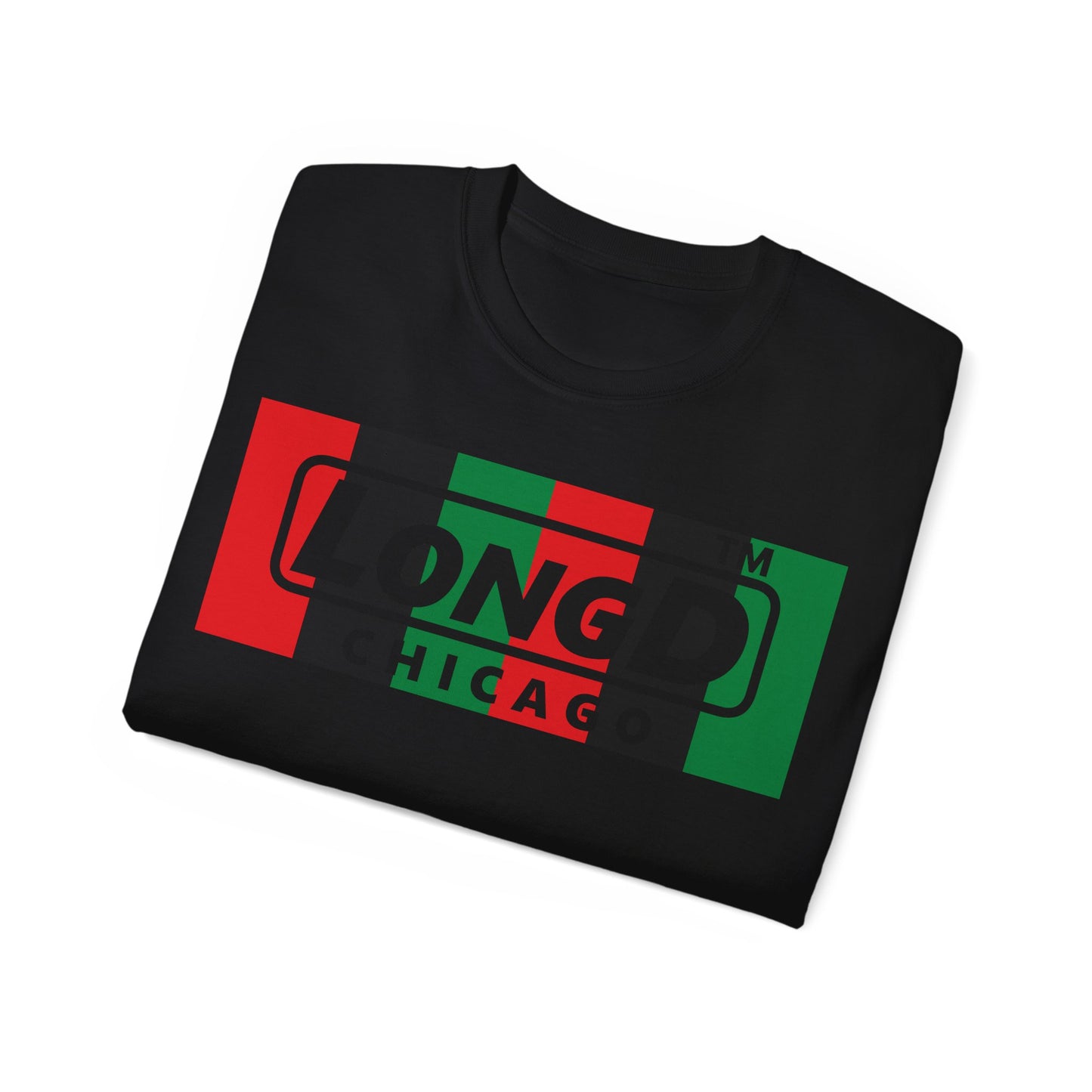 LongD negative vertical 6-striped Chicago logo front-back cotton tee (Juneteenth colors)