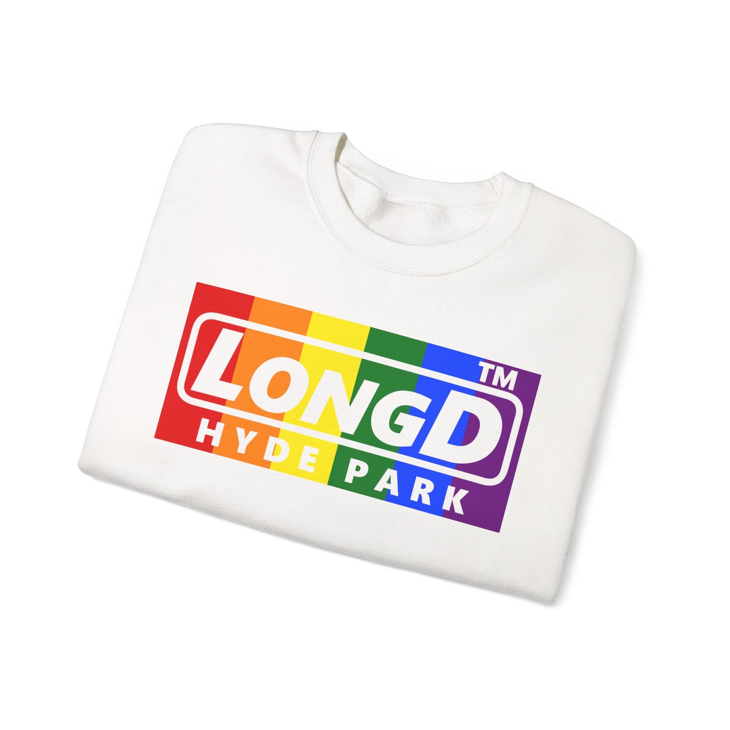 LongD negative vertical striped Hyde Park logo crewneck sweatshirt (Pride colors)