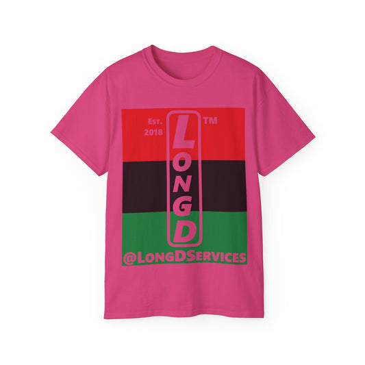 LongD Cotton Tee negative horizontal striped tag upright logo (Juneteenth colors)