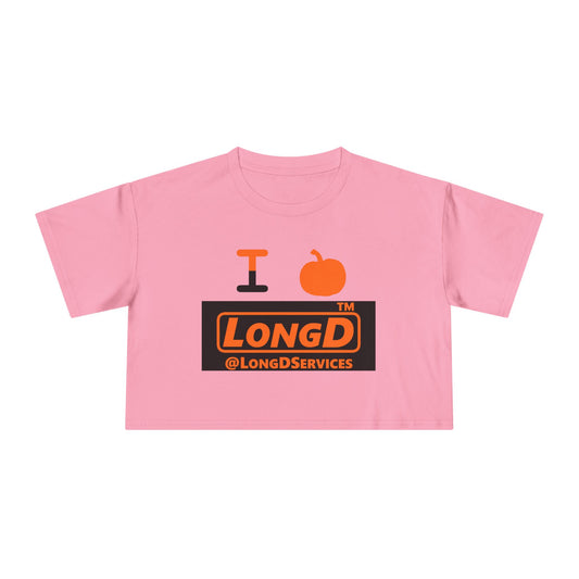 I pumpkin LongD Tag logo positive orange on negative black crop tee