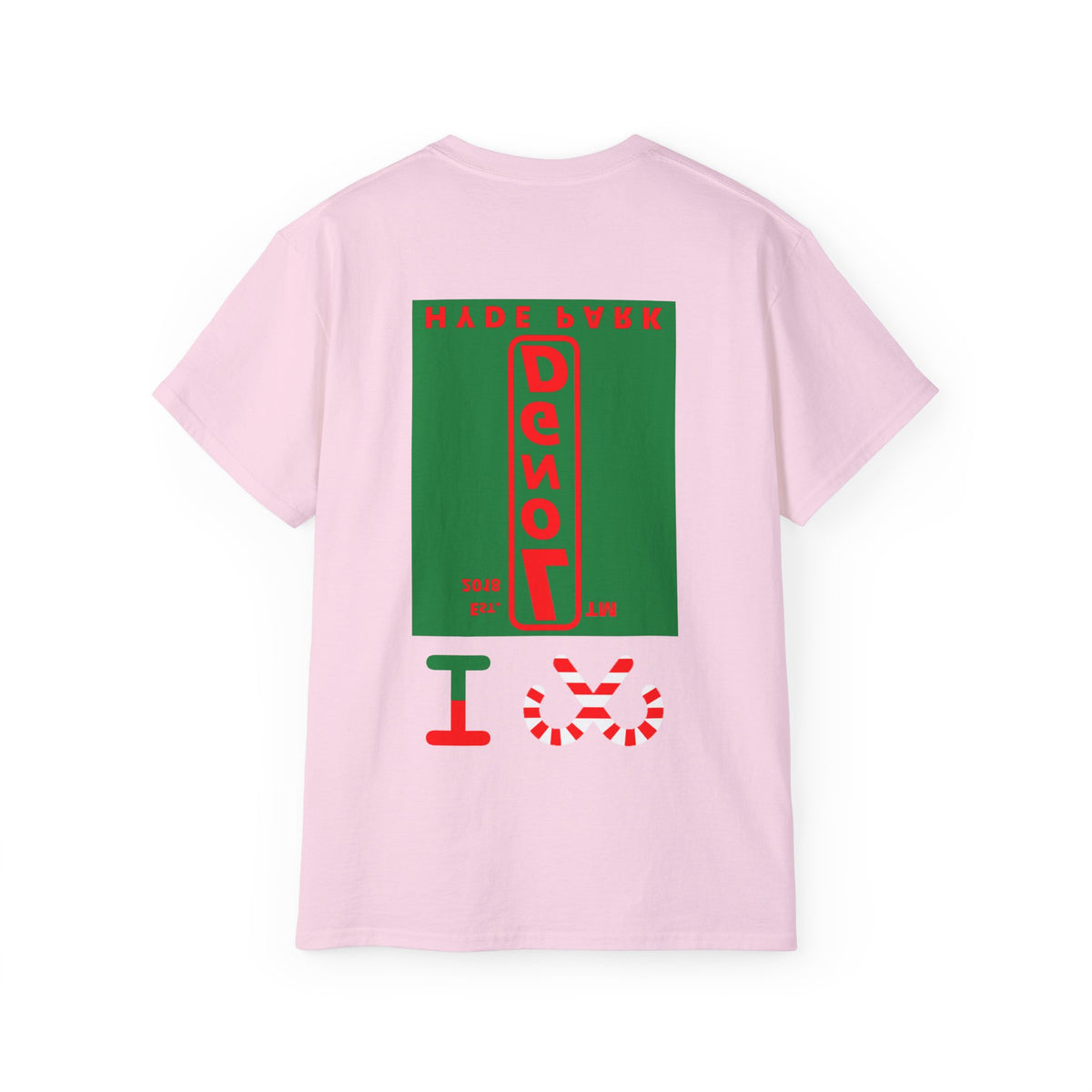 I candy cane LongD Hyde Park upright front-back logo positive red on negative green cotton tee