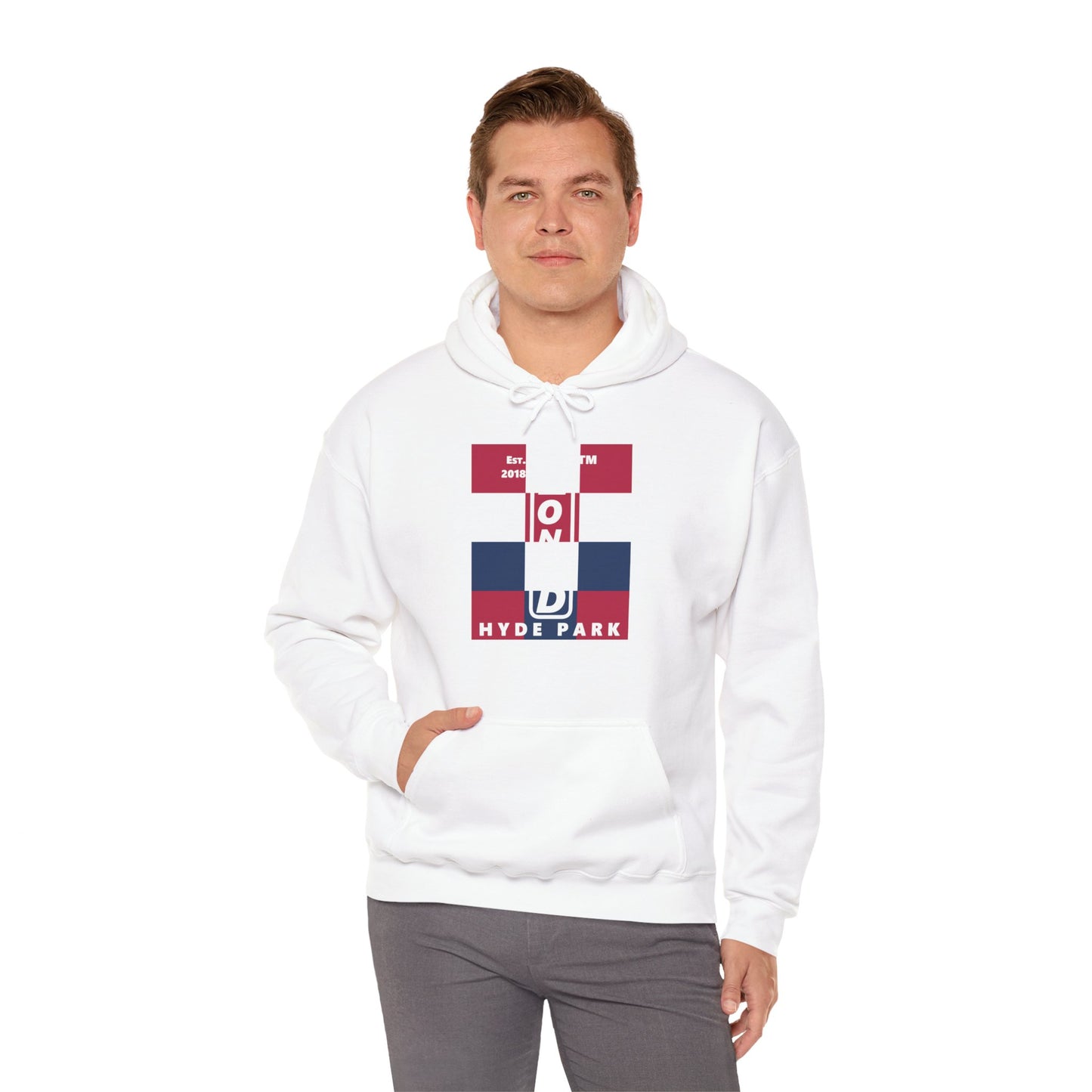 LongD® negative 4x3 upright Hyde Park logo hoodie (Patriotic colors)