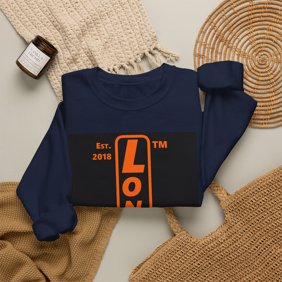 LongD Tag-domain upright front-back logo orange (FE7518) on Black (000000) crewneck sweatshirt