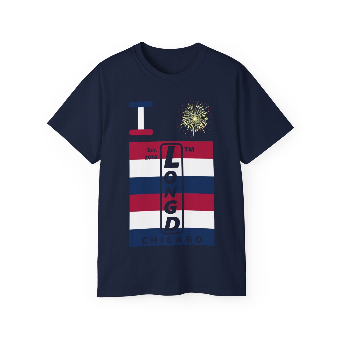 I Burst LongD cotton tee negative horizontal 6-striped Chicago upright logo (Patriotic colors)