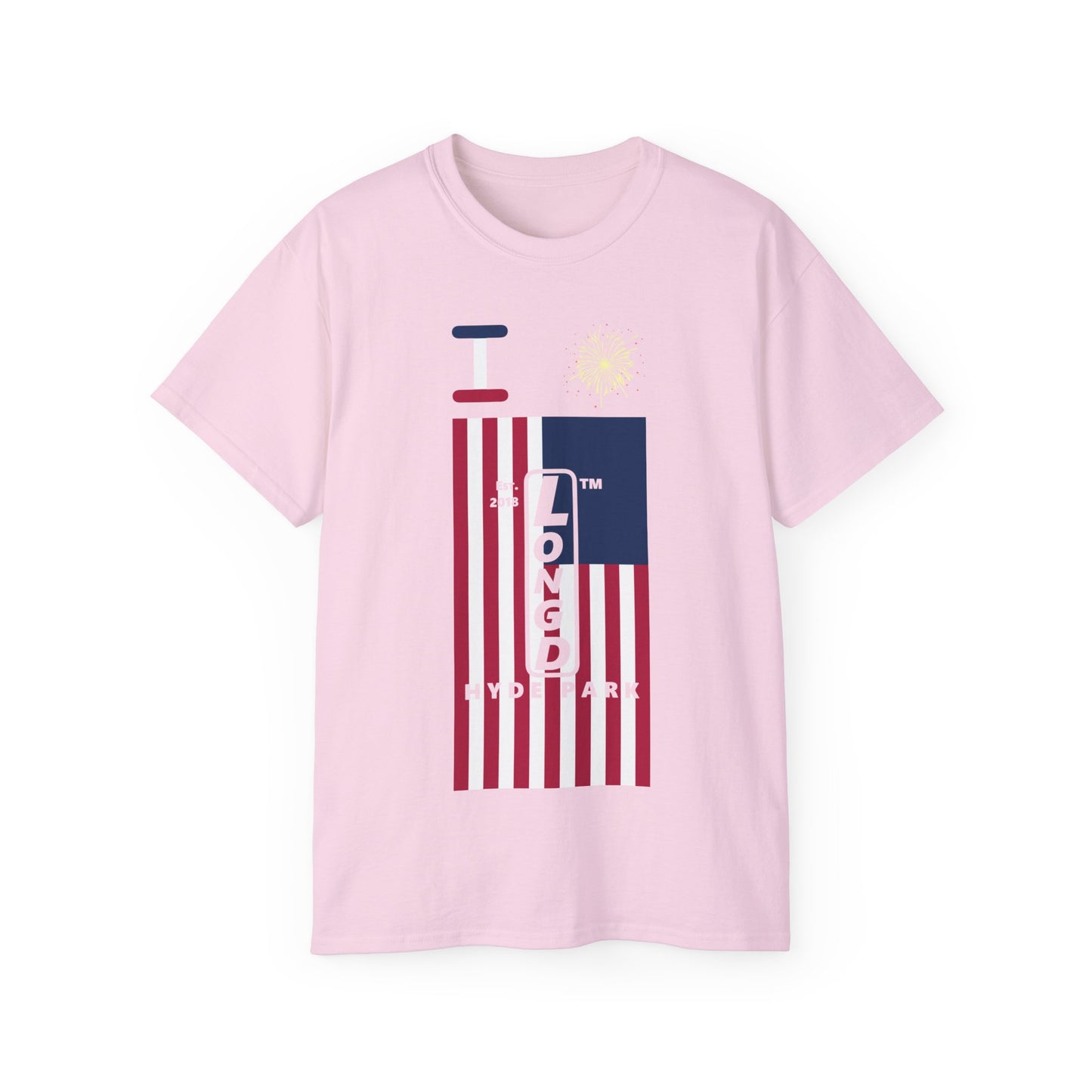 I Burst LongD cotton tee negative flag Hyde Park upright logo (Patriotic colors)