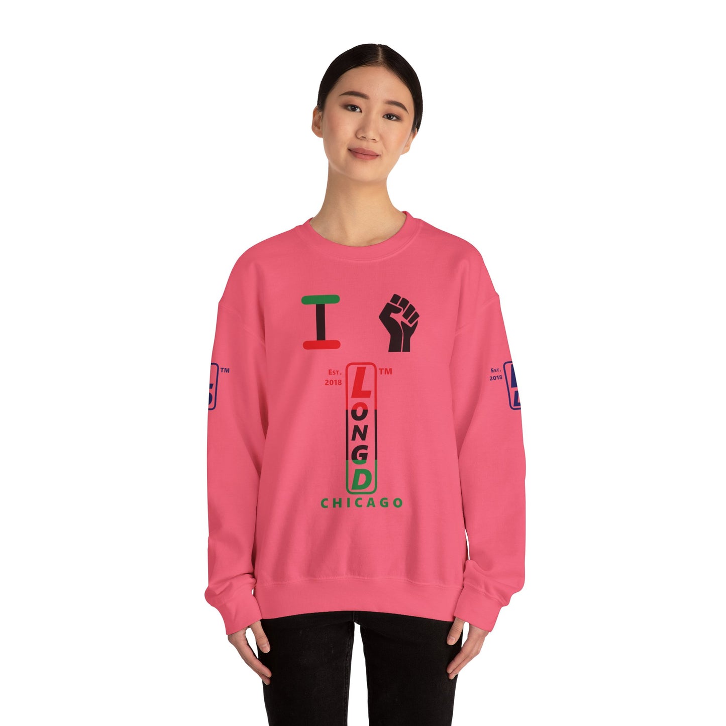 I Fist LongD positive horizontal 6-striped Chicago upright 4-print logo crewneck sweatshirt