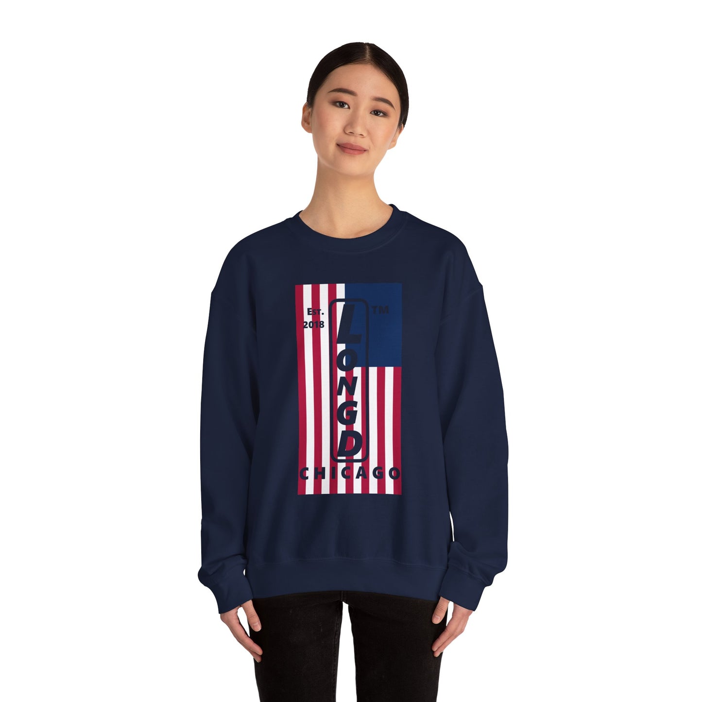 LongD negative flag Chicago logo crewneck sweatshirt (patriotic colors)