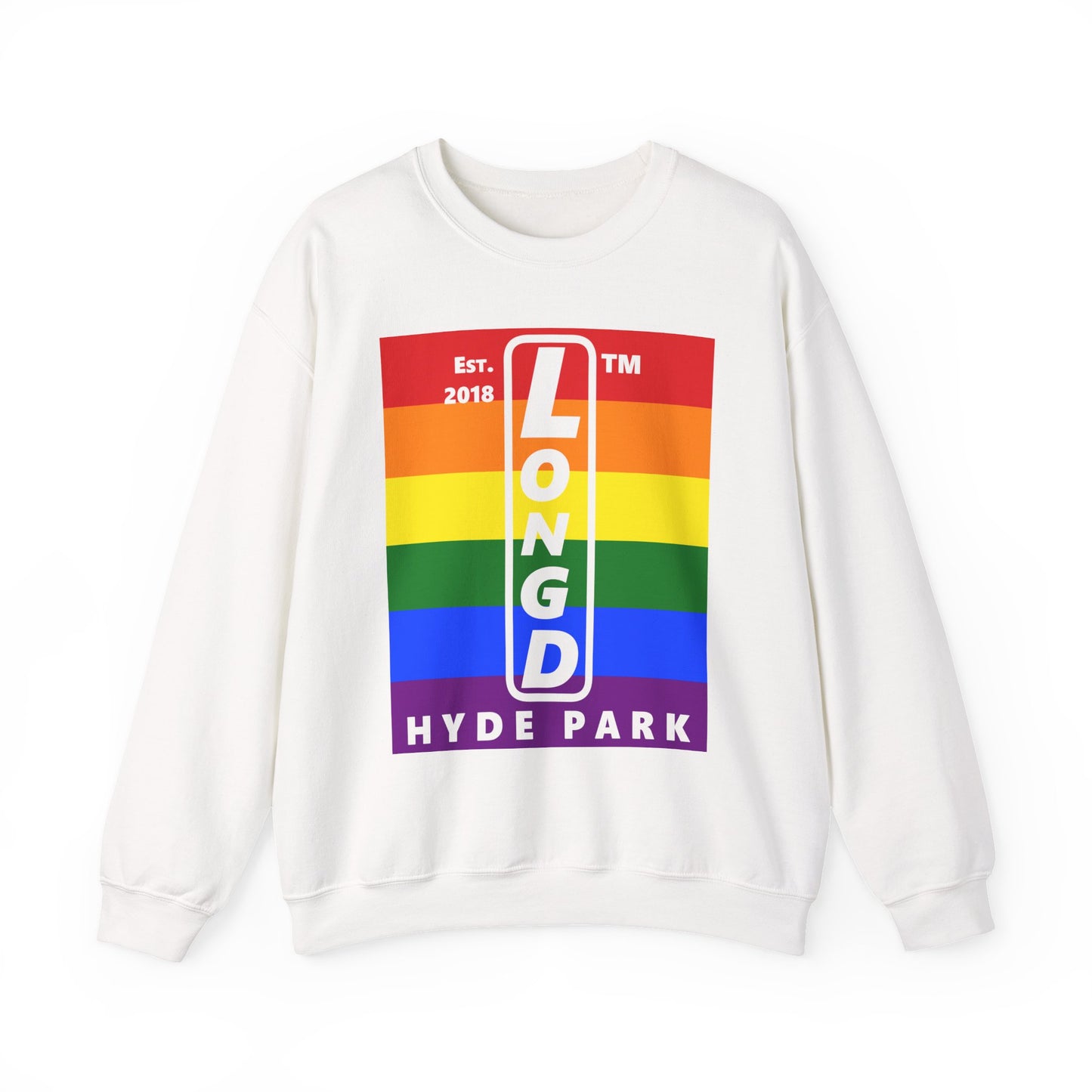 LongD negative horizontal 6-striped Hyde Park upright logo crewneck sweatshirt (Pride colors)