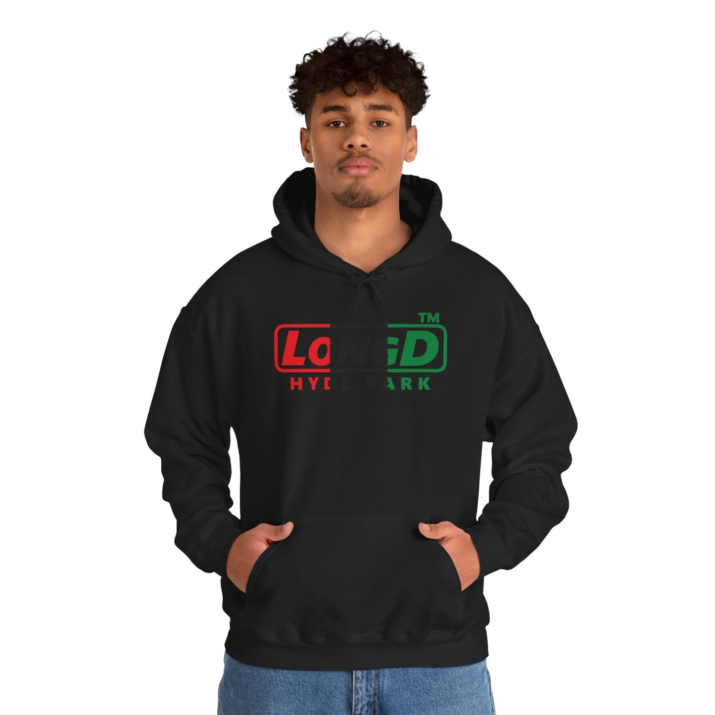 LongD® positive vertical 3-striped Hyde Park logo Hoodie (Juneteenth colors)