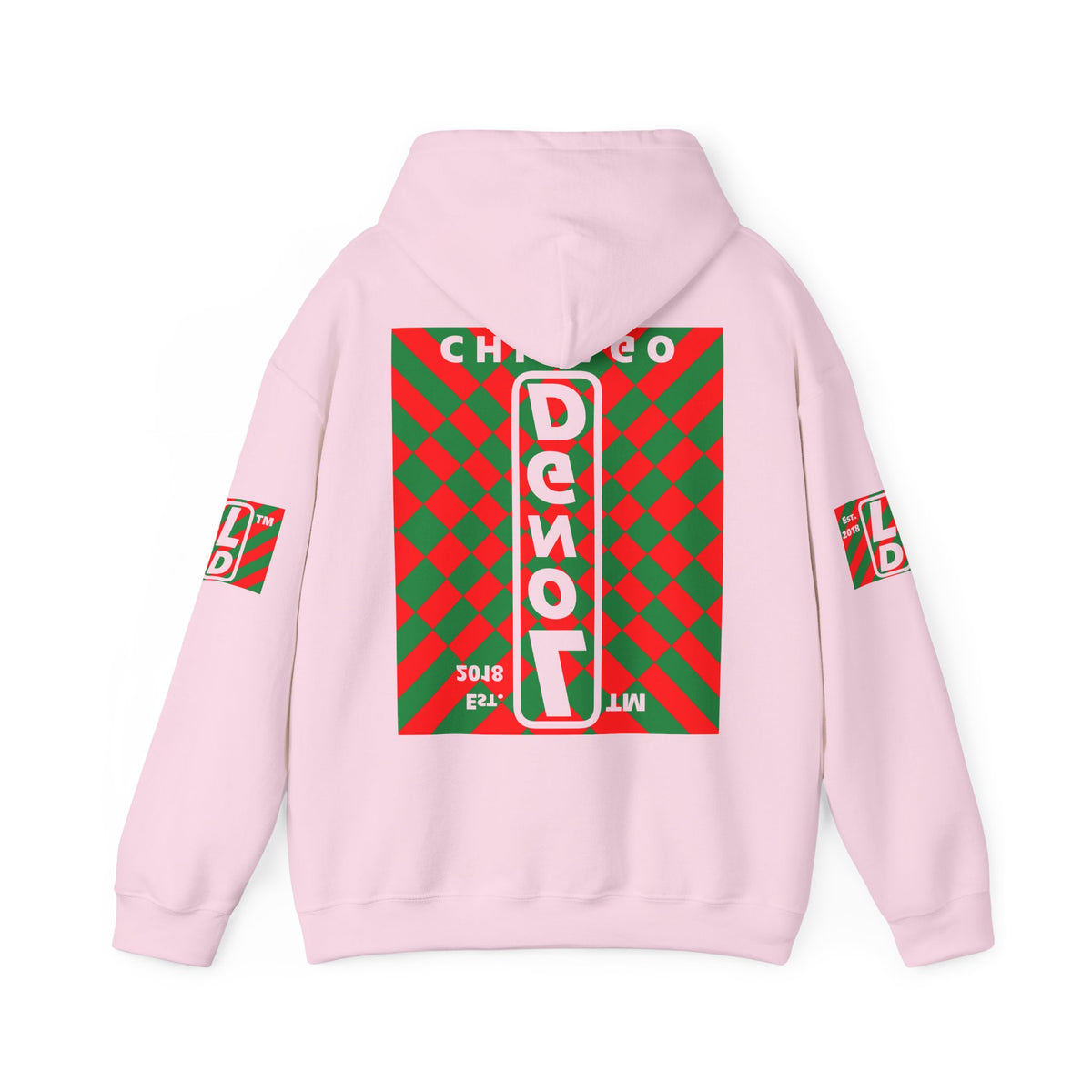 LongD Chicago negative upright stylized argyle 4-print logo (Xmas colors) hoodie