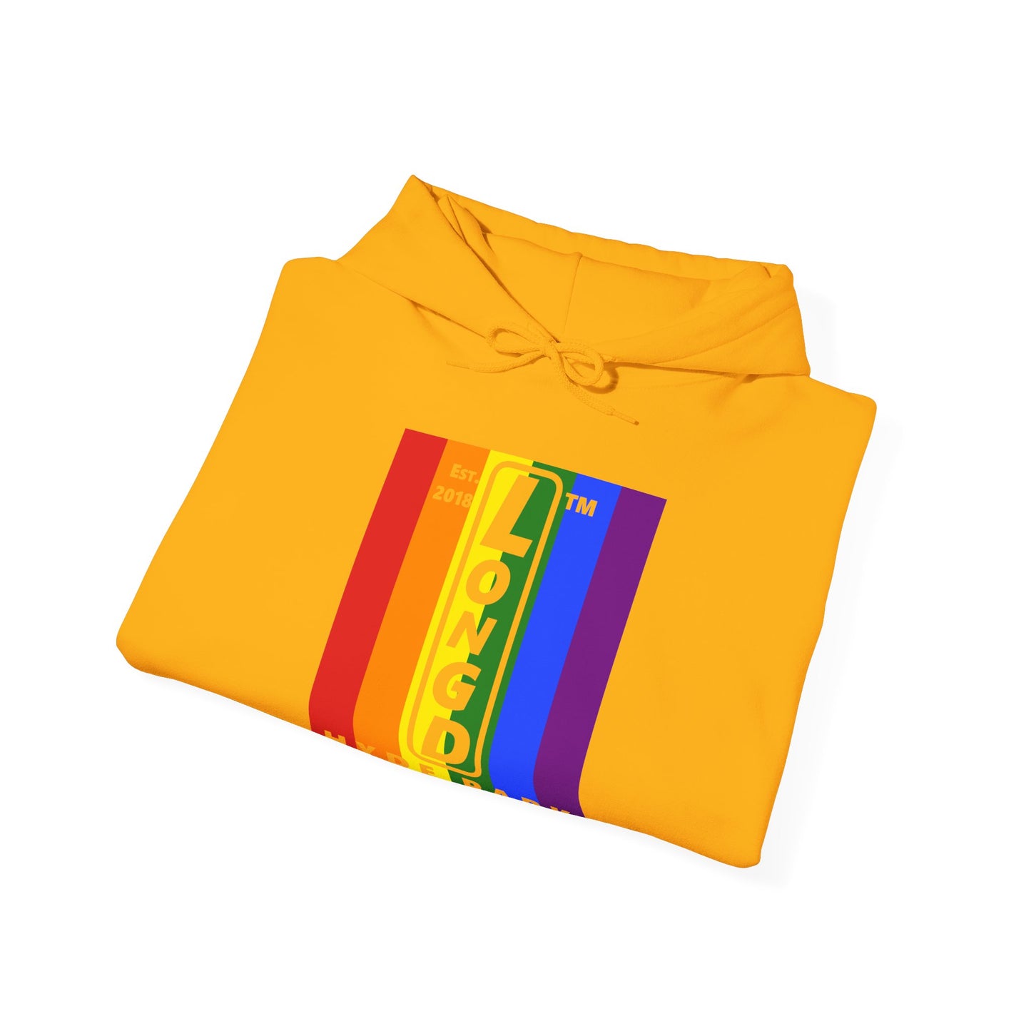 LongD® negative vertical 6-striped upright Hyde Park logo hoodie (Pride colors)
