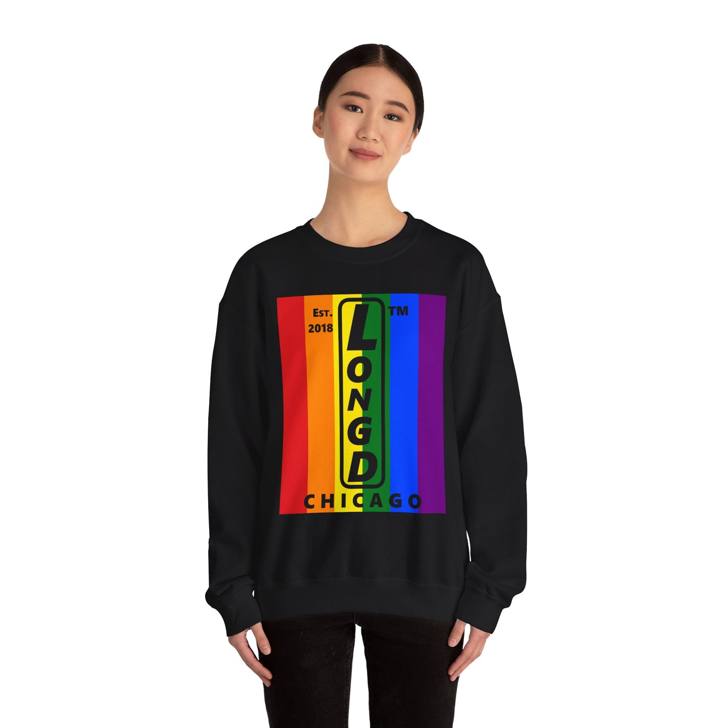 LongD negative cropped flag Chicago upright logo crewneck sweatshirt (Pride colors)