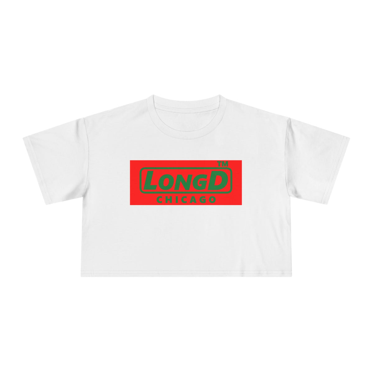 LongD Chicago logo positive green on negative red (Xmas colors) crop tee