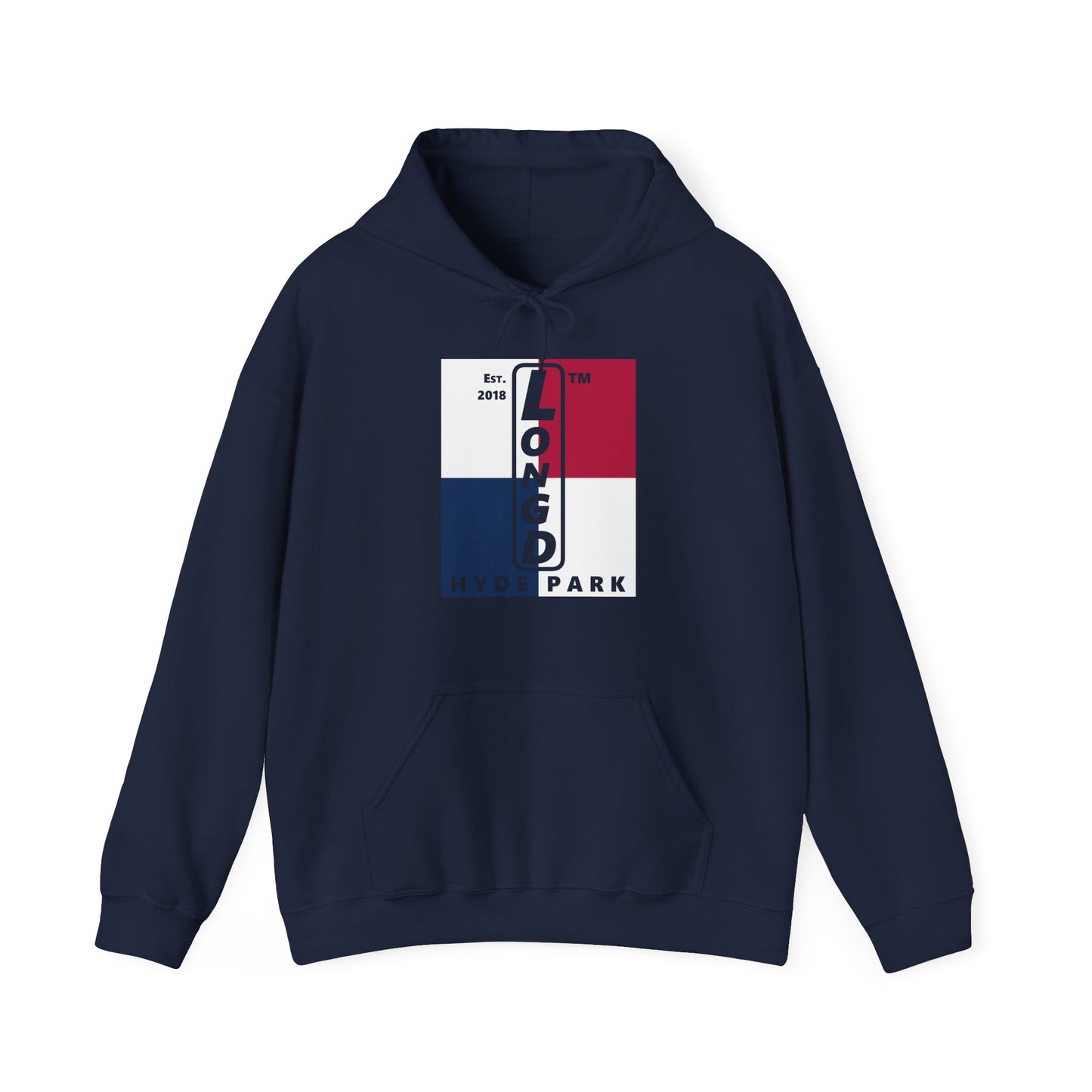 LongD® negative quarters upright Hyde Park logo hoodie (Patriotic colors)