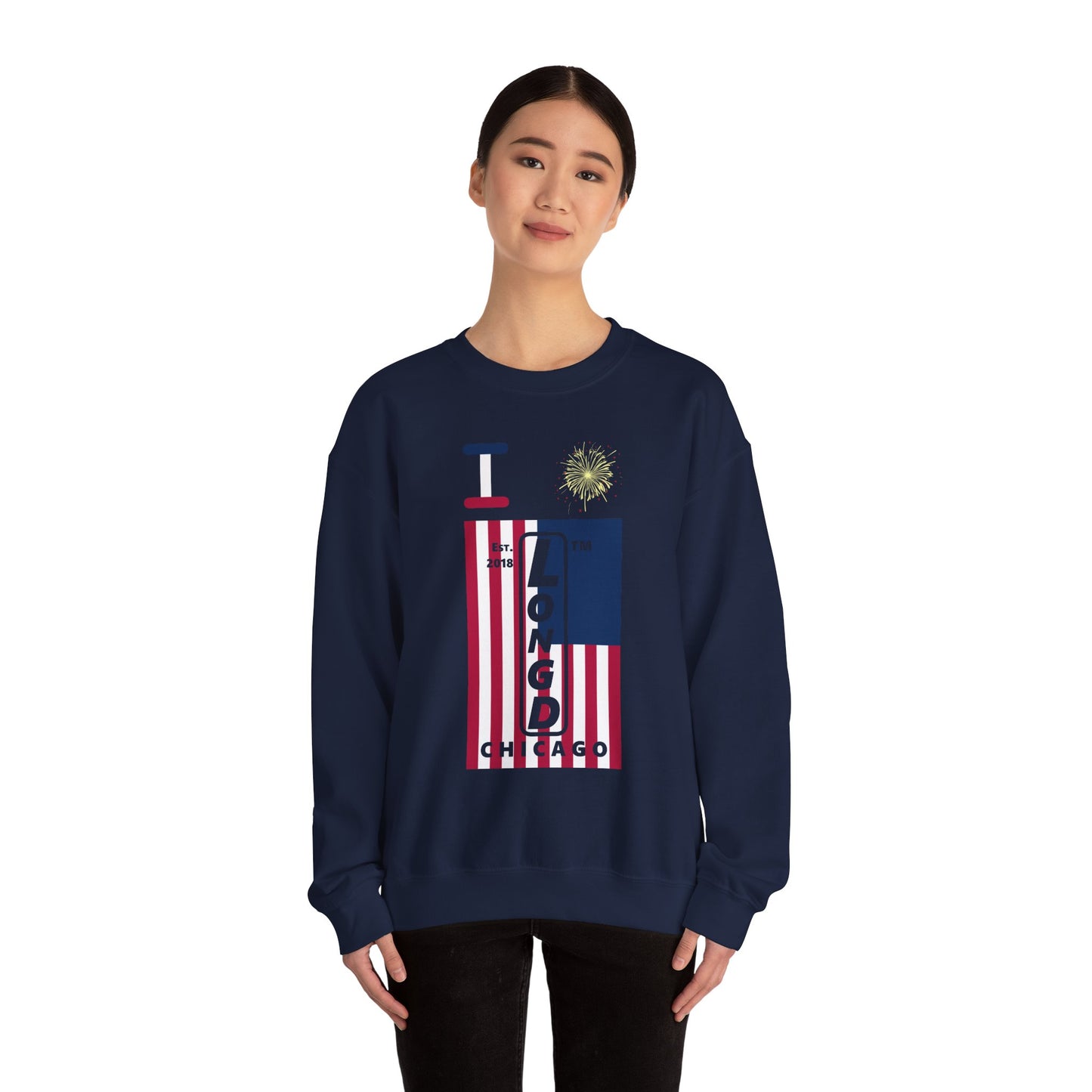 I Burst LongD negative cropped flag Chicago upright logo crewneck sweatshirt