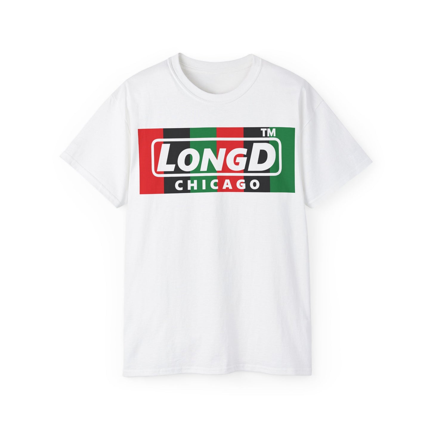 LongD negative vertical 6-striped Chicago logo front-back cotton tee (Juneteenth colors)