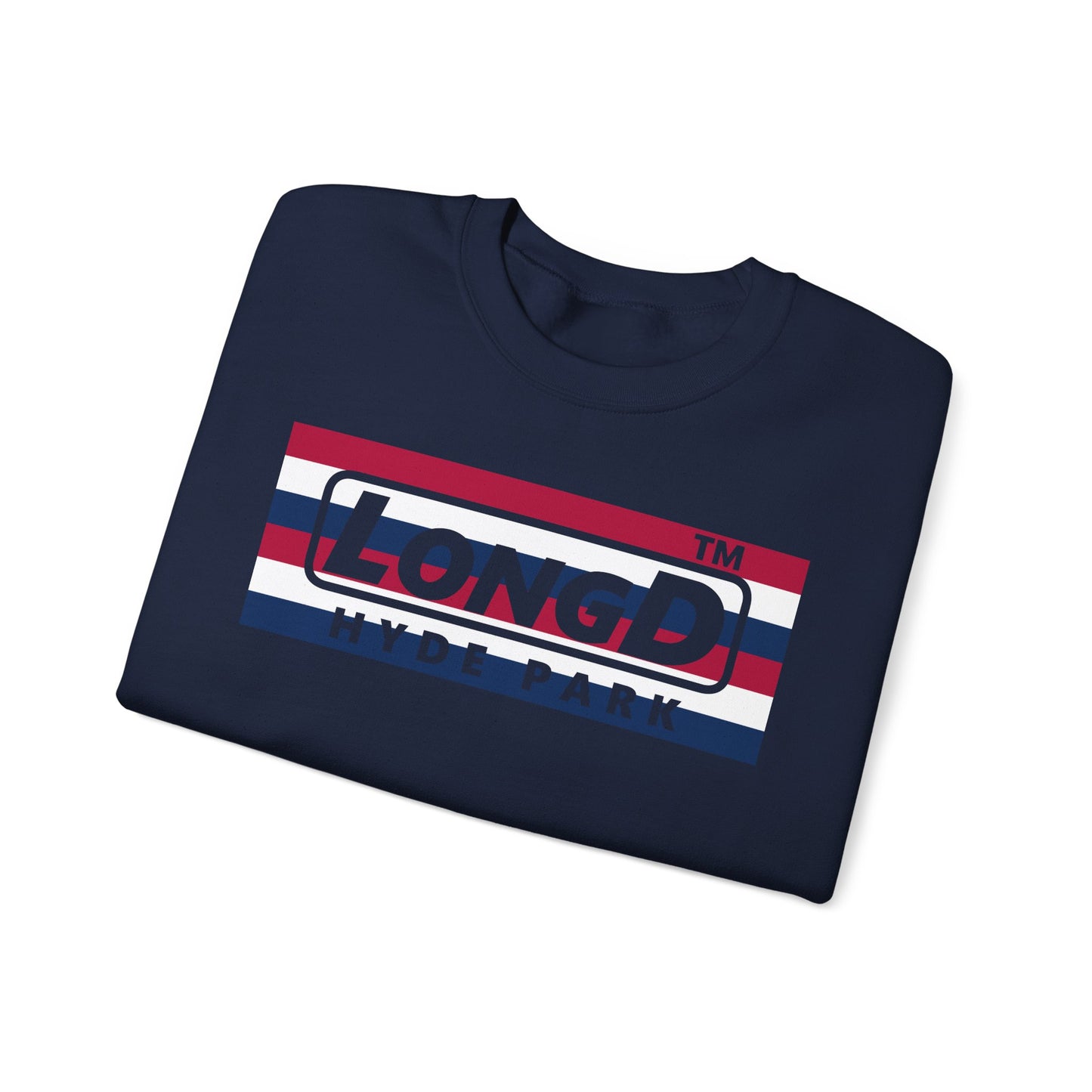 LongD negative horizontal 6-striped Hyde Park logo crewneck sweatshirt (patriotic colors)