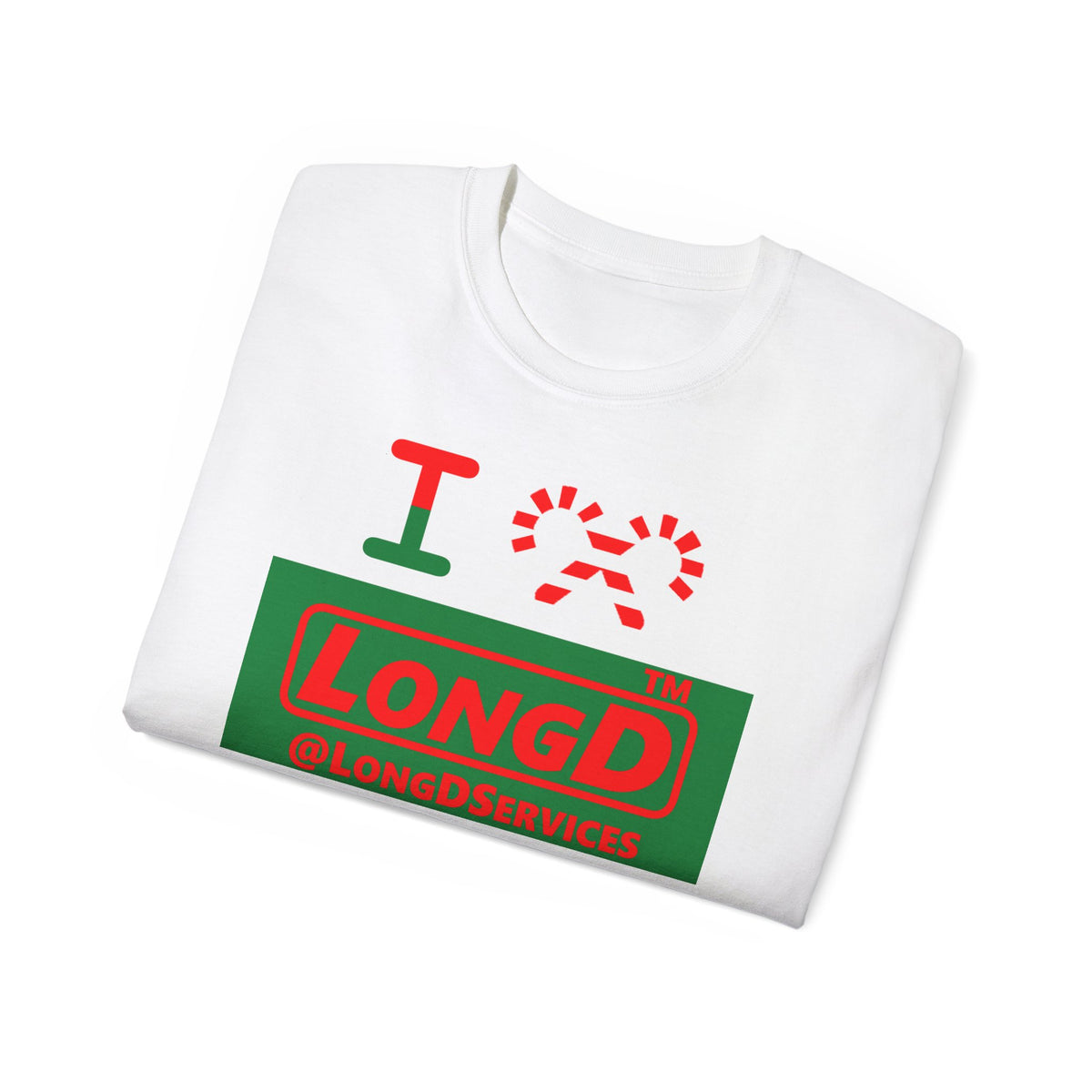I candy cane LongD Tag logo positive red on negative green cotton tee