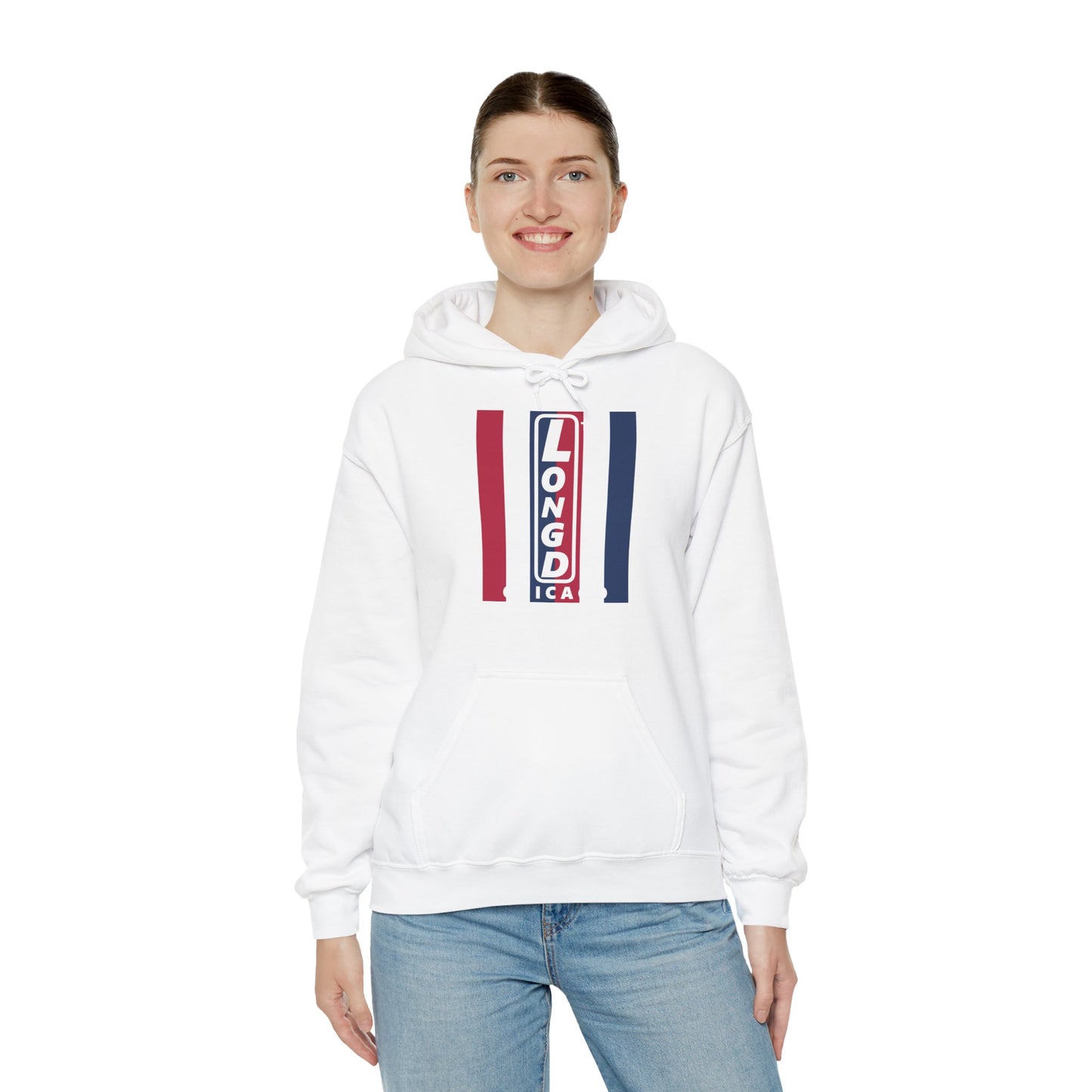 LongD® negative vertical 6-striped upright Chicago logo hoodie