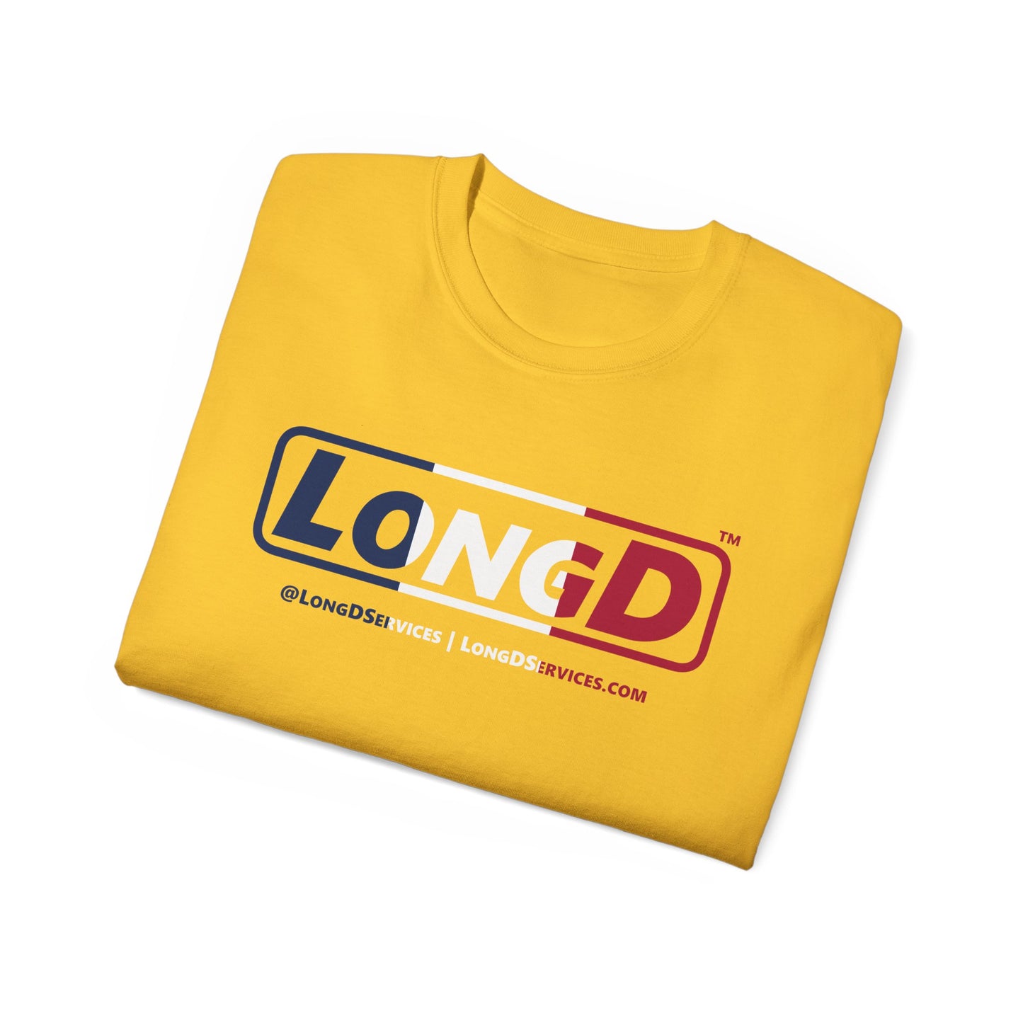 LongD® Logo Cotton Tee Blue, White and Red positive thirds text