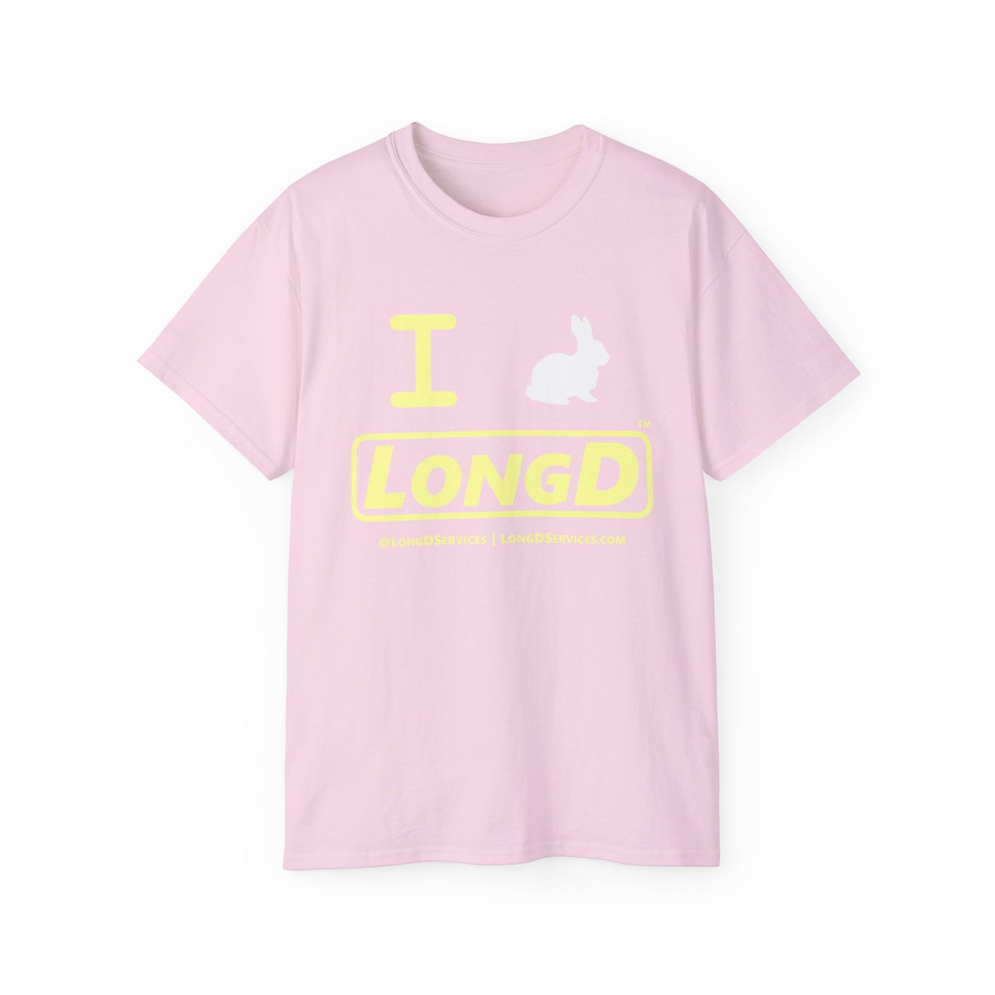 I Bunny LongD® Logo Cotton Tee Easter pastel yellow text (white Easter Bunny)