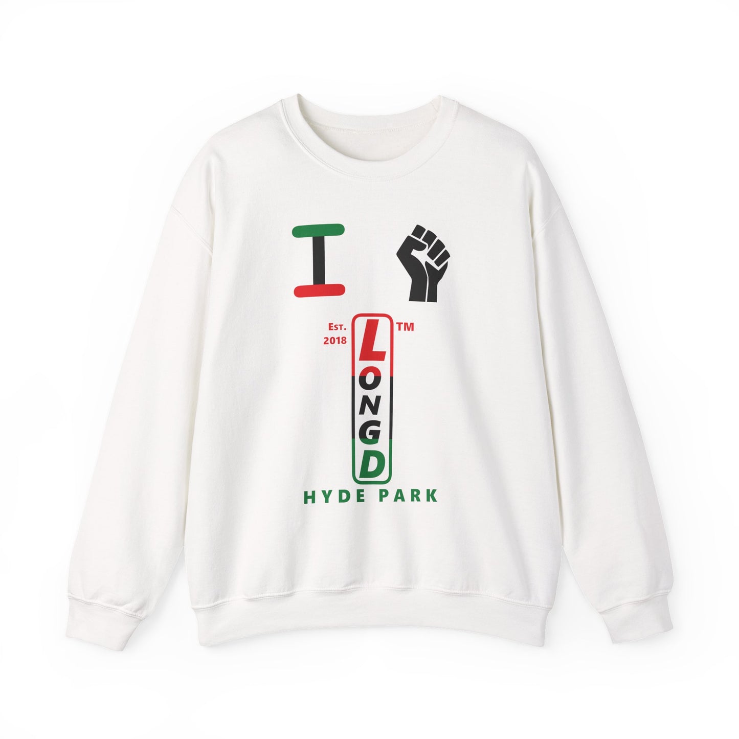 I Fist LongD positive horizontal 3-striped Hyde Park upright logo crewneck sweatshirt