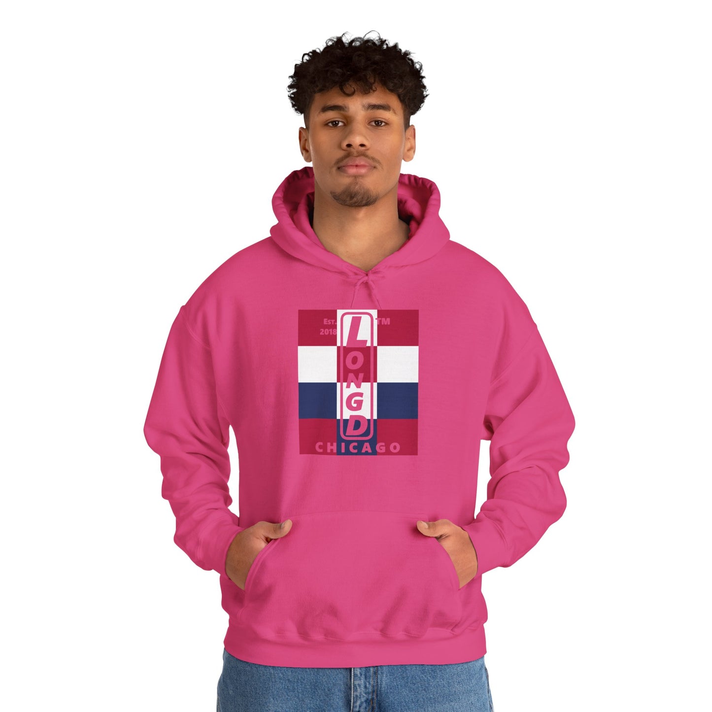 LongD® negative 4x3 upright Chicago logo hoodie