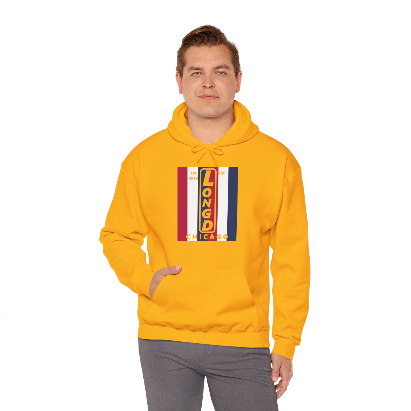 LongD® negative vertical 6-striped upright Chicago logo hoodie