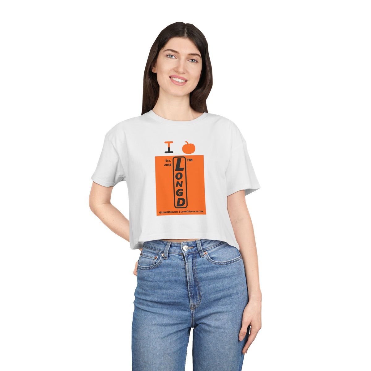 I pumpkin LongD Tag-domain upright logo positive black on negative orange crop tee