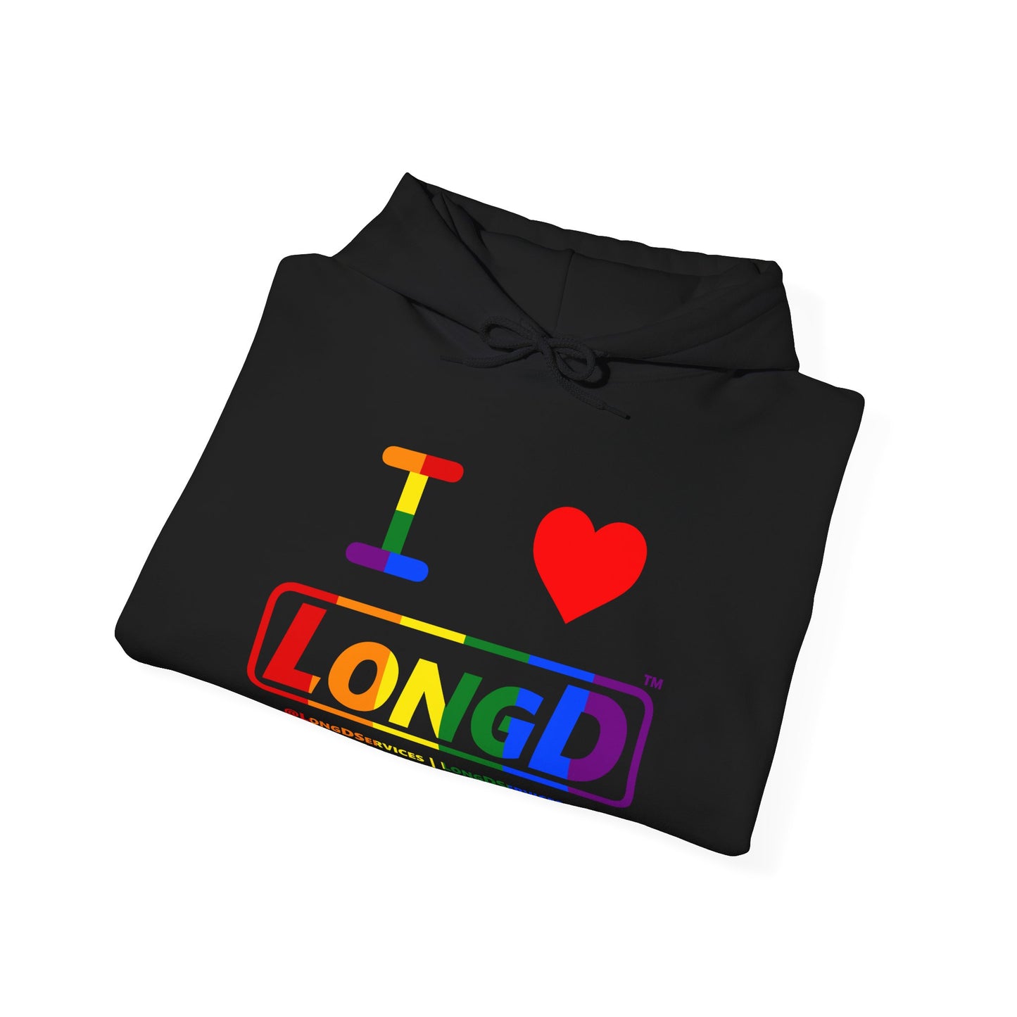 I Luv LongD® Logo Hoodie with Pride rainbow positive text