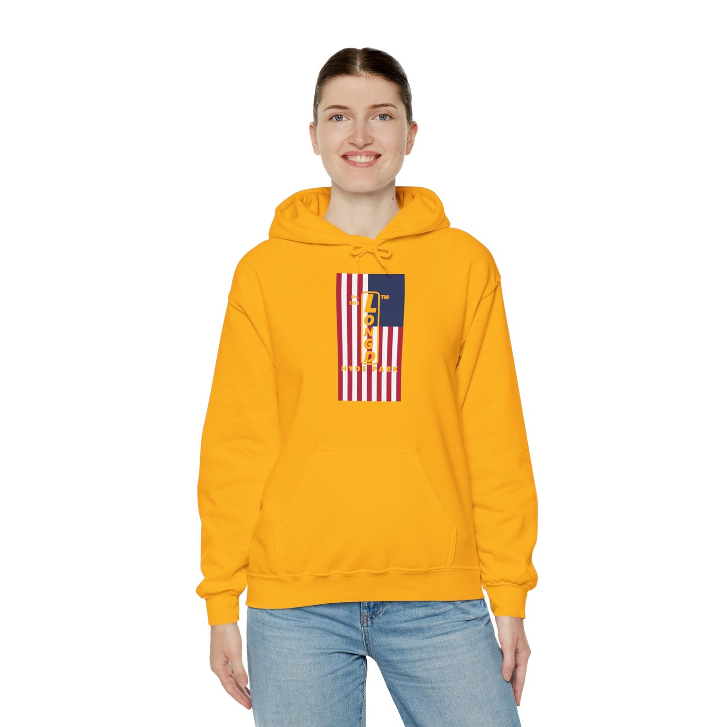 LongD® negative flag upright Hyde Park logo hoodie (Patriotic colors)