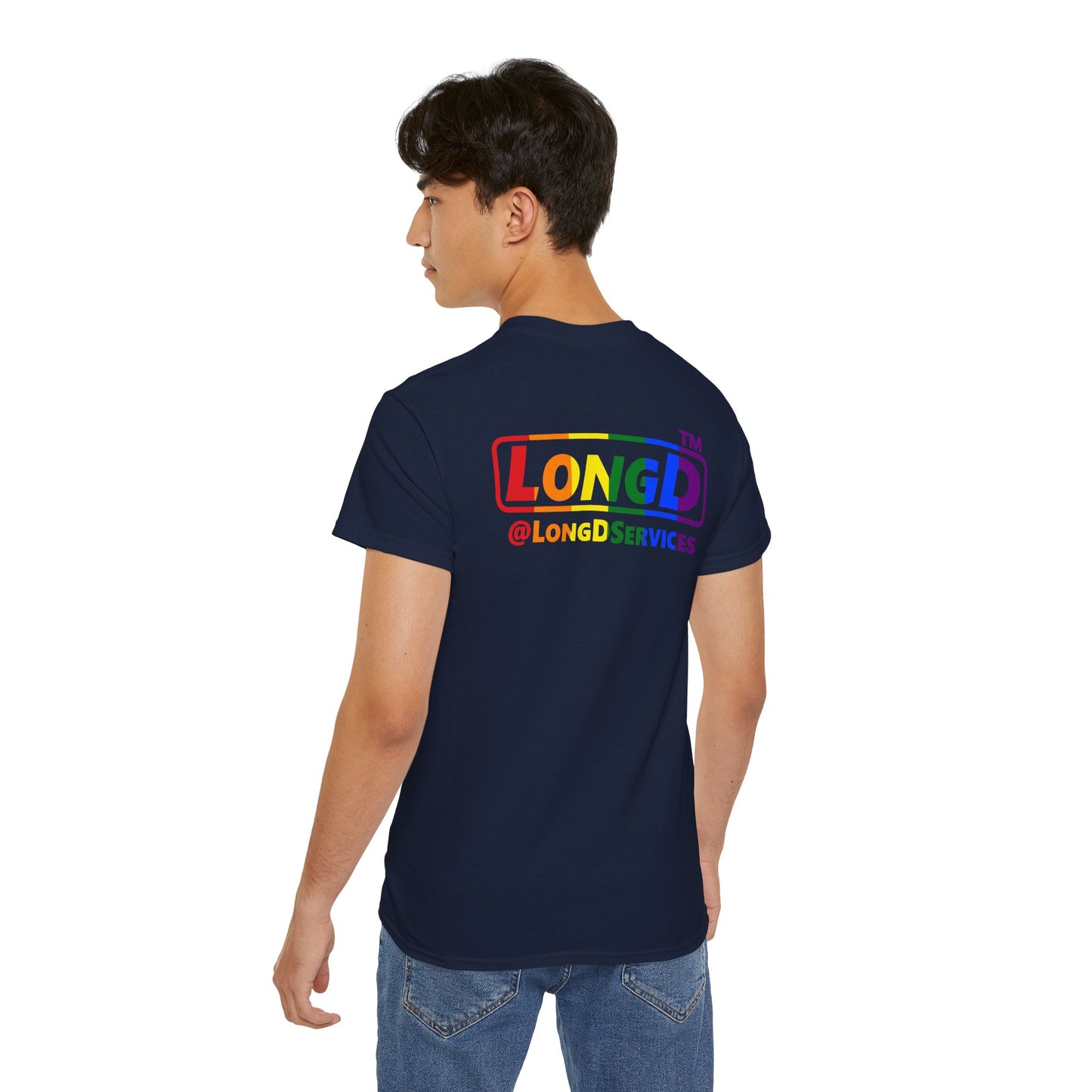 LongD positive vertical striped front-back Chicago logo cotton tee (Pride colors)