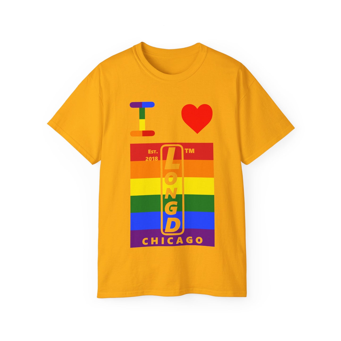I Luv LongD Cotton Tee negative horizontal striped Chicago upright logo (Pride colors)