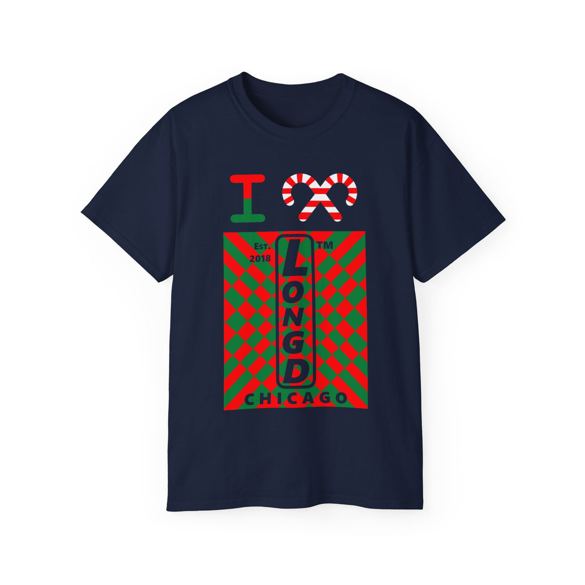 I candy cane LongD Chicago negative upright stylized argyle logo cotton tee