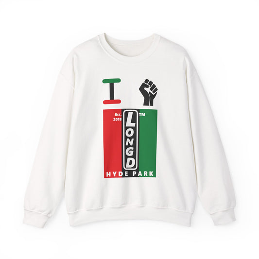 I Fist LongD negative vertical 3-striped Hyde Park upright logo crewneck sweatshirt