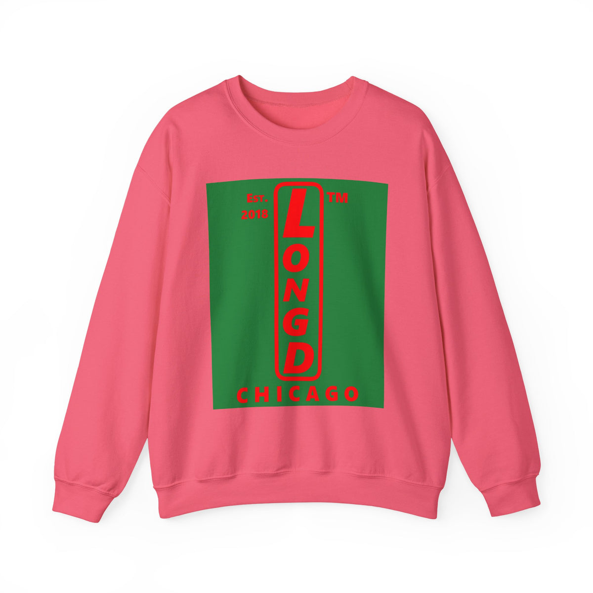 LongD Chicago upright logo positive red on negative green (Xmas colors) crewneck sweatshirt