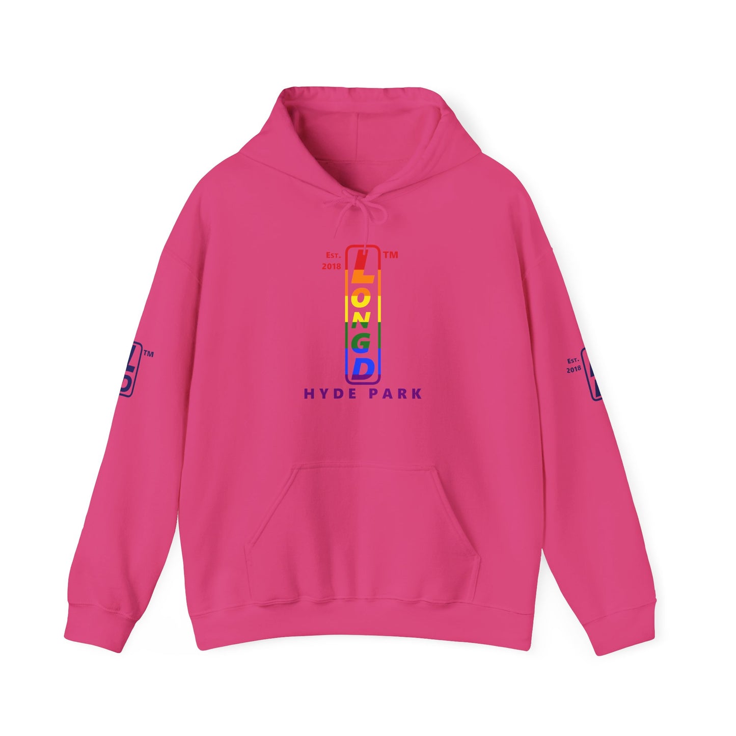 LongD® positive horizontal 6-striped Hyde Park 4-print upright logo hoodie (Pride colors)