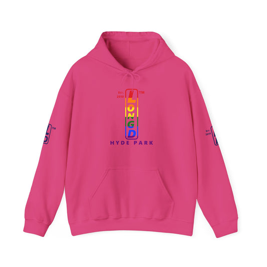LongD® positive horizontal 6-striped Hyde Park 4-print upright logo hoodie (Pride colors)