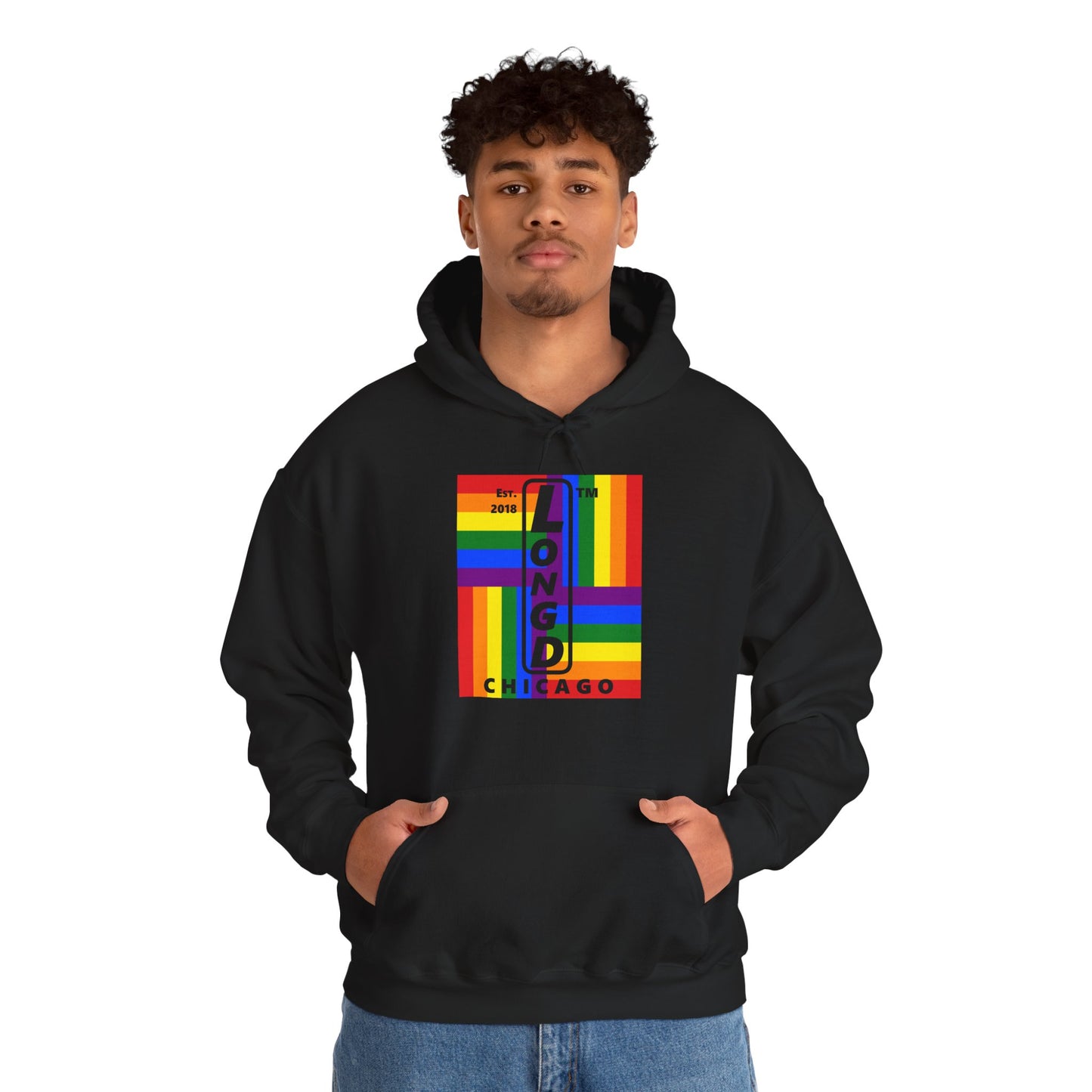 LongD® negative windmill upright Chicago logo hoodie (Pride colors)