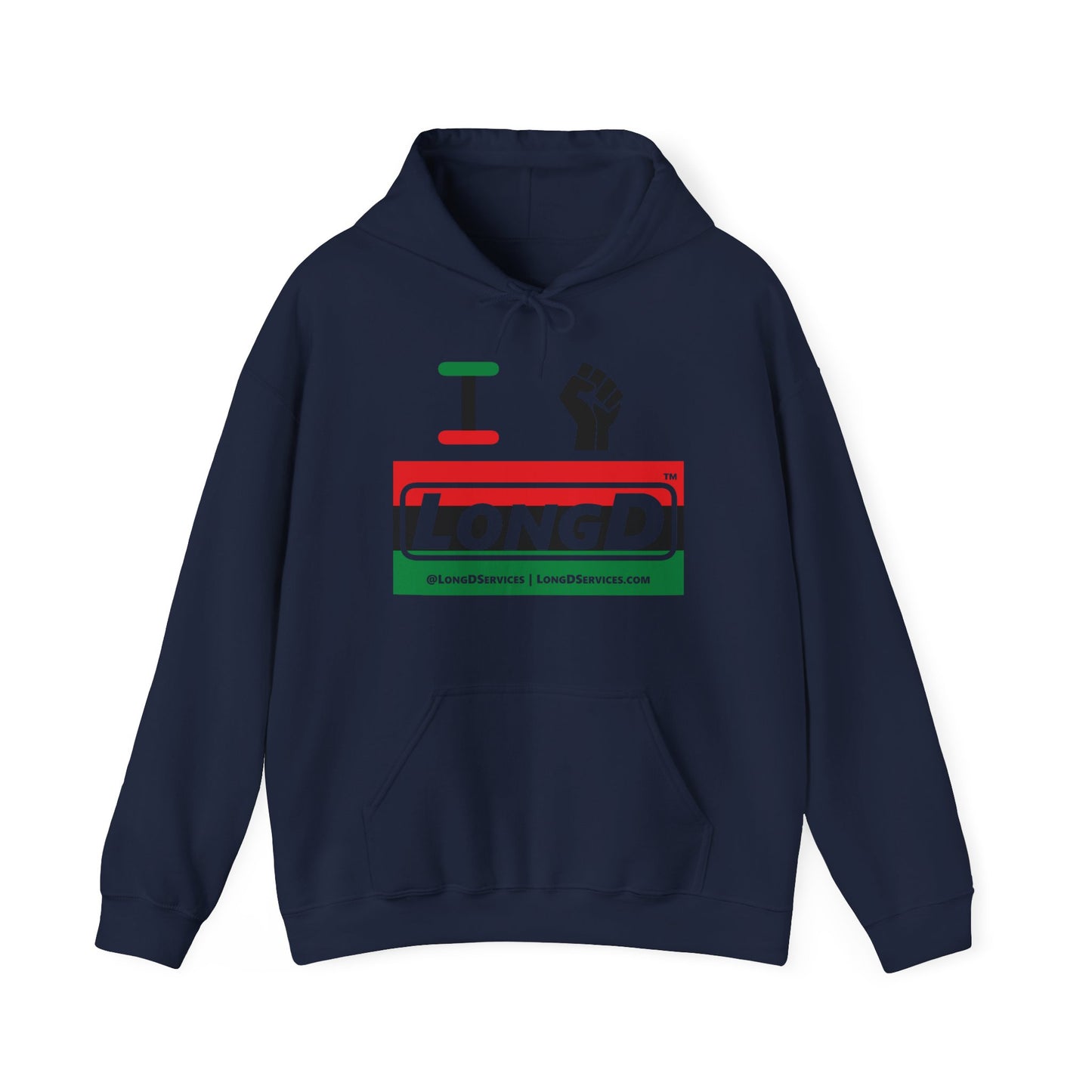I Fist LongD® Logo Hoodie with Juneteenth black fist striped negative text