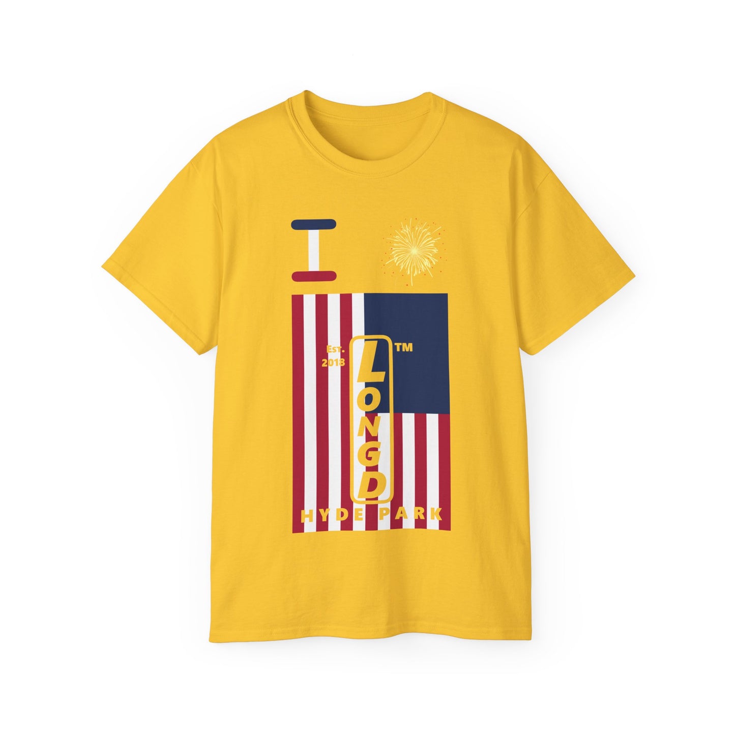 I Burst LongD cotton tee negative cropped flag Hyde Park upright logo (Patriotic colors)