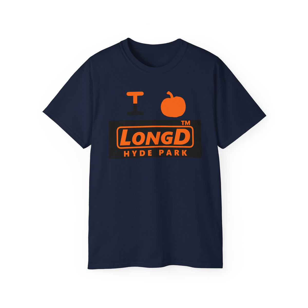 I pumpkin LongD Hyde Park logo positive orange on negative black cotton tee