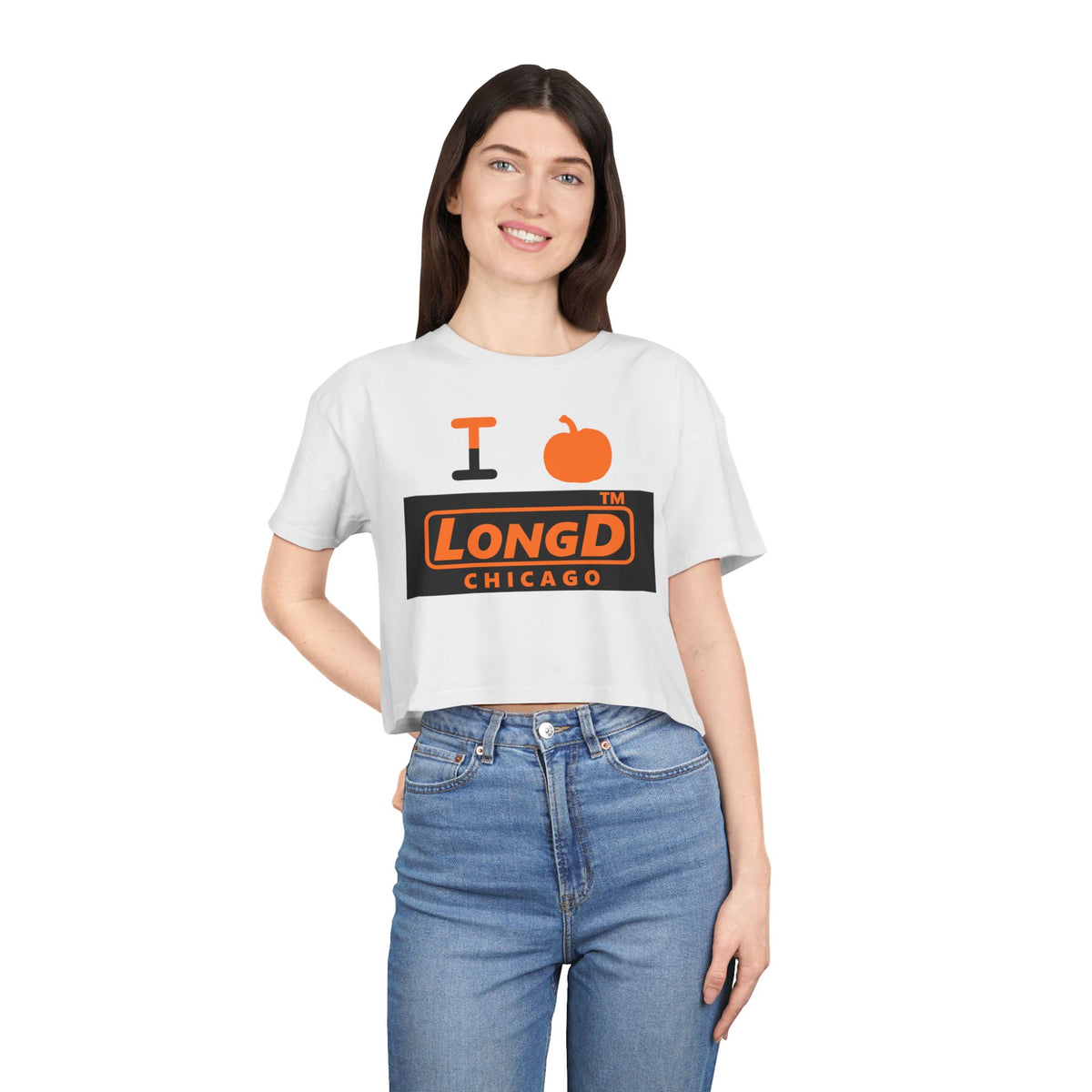 I pumpkin LongD Chicago logo positive orange on negative black crop tee