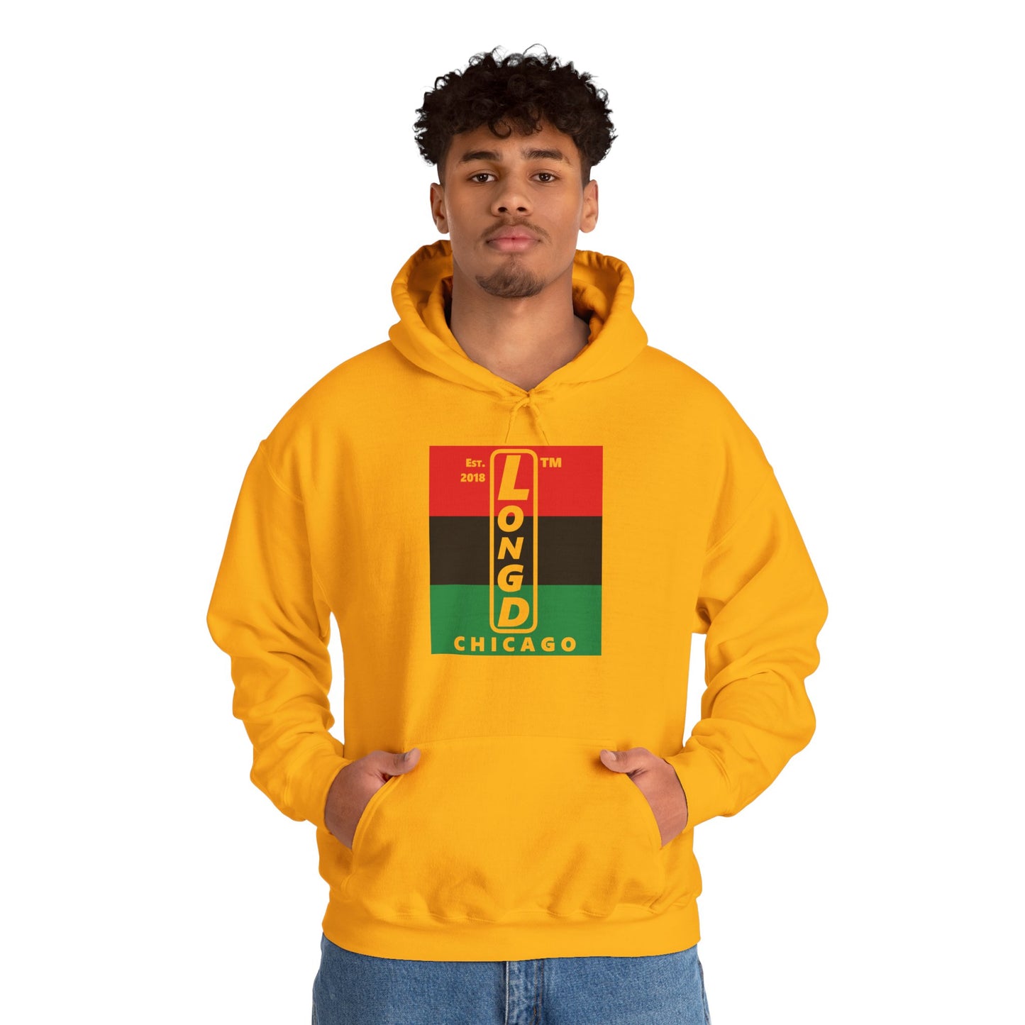 LongD® negative horizontal 3-striped upright Chicago logo hoodie (Juneteenth colors)